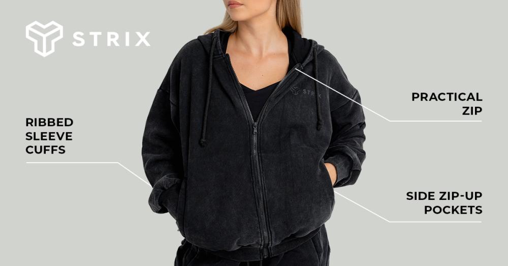 Women's Zip Washed Hoodie Black - STRIX