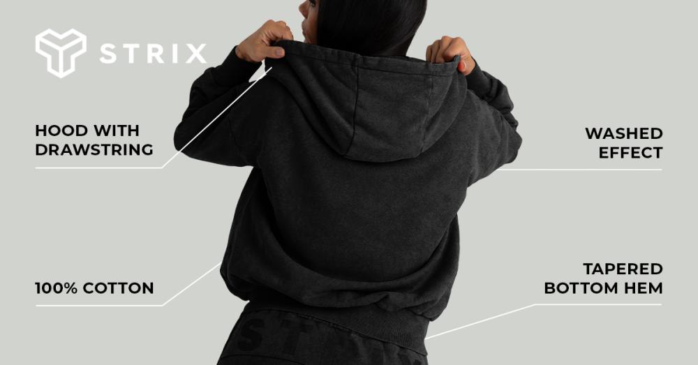 Women's Zip Washed Hoodie Black - STRIX