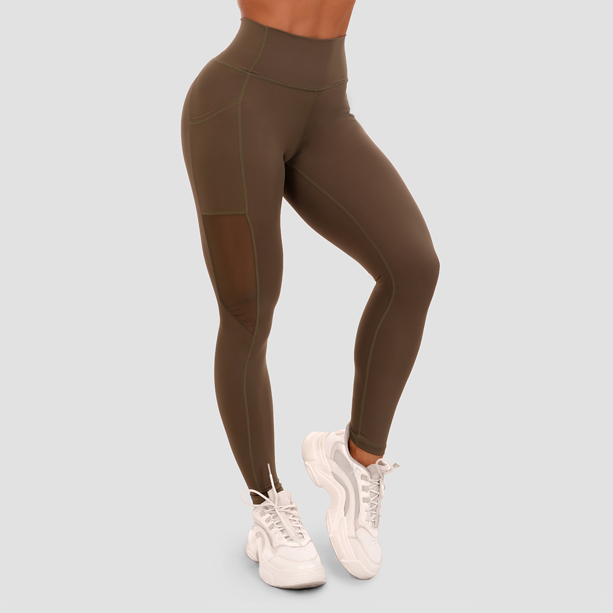 Dames Legging Mesh Panel Olijf - GymBeam