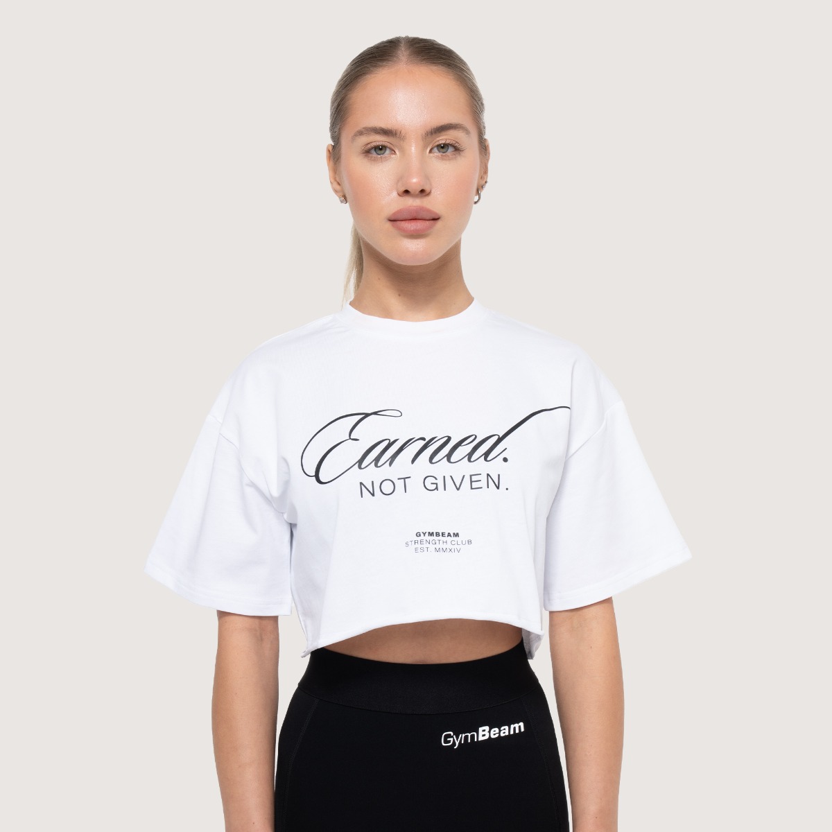 Dames-T-shirt Earned Cropped Wit - GymBeam