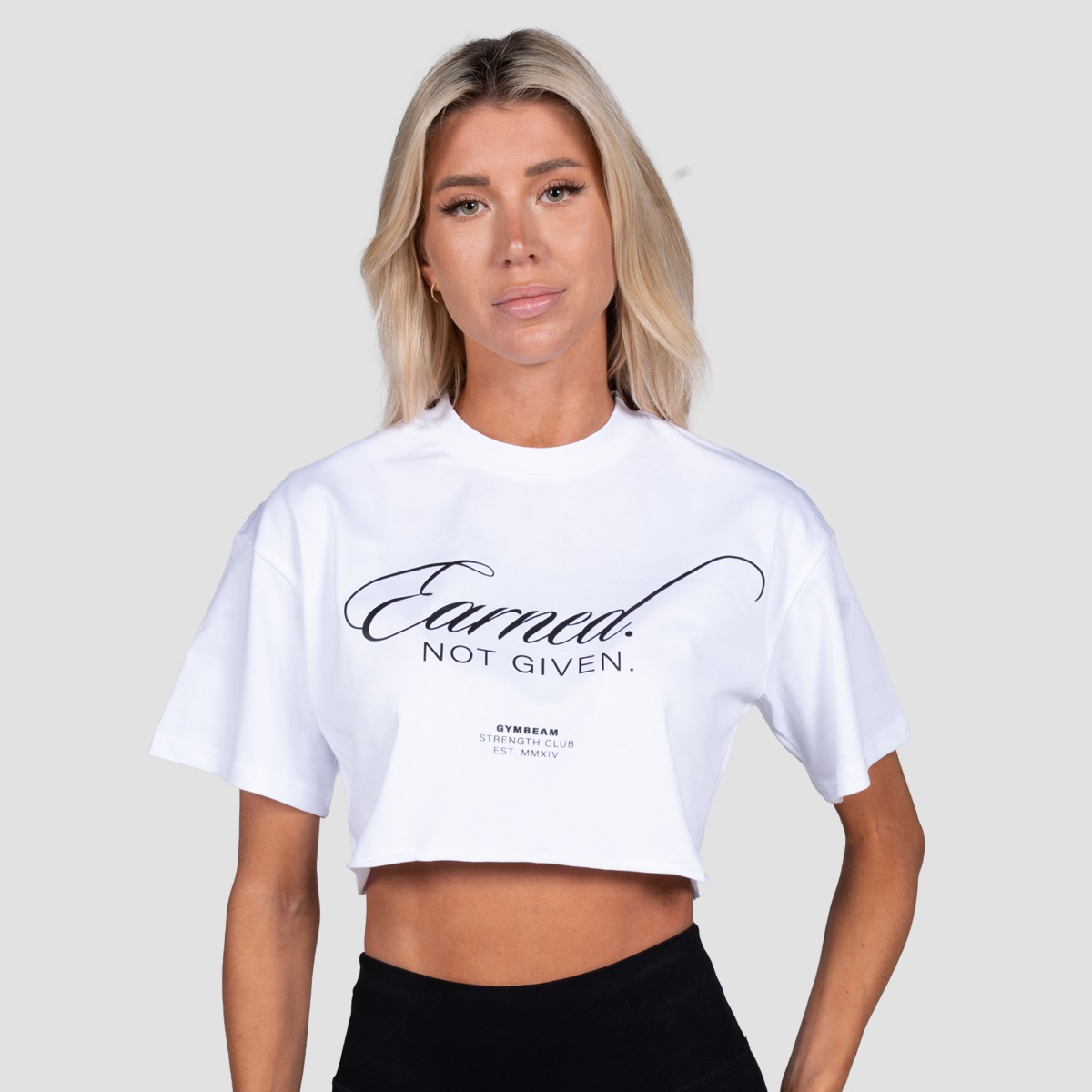 Dames-T-shirt Earned Cropped Wit - GymBeam